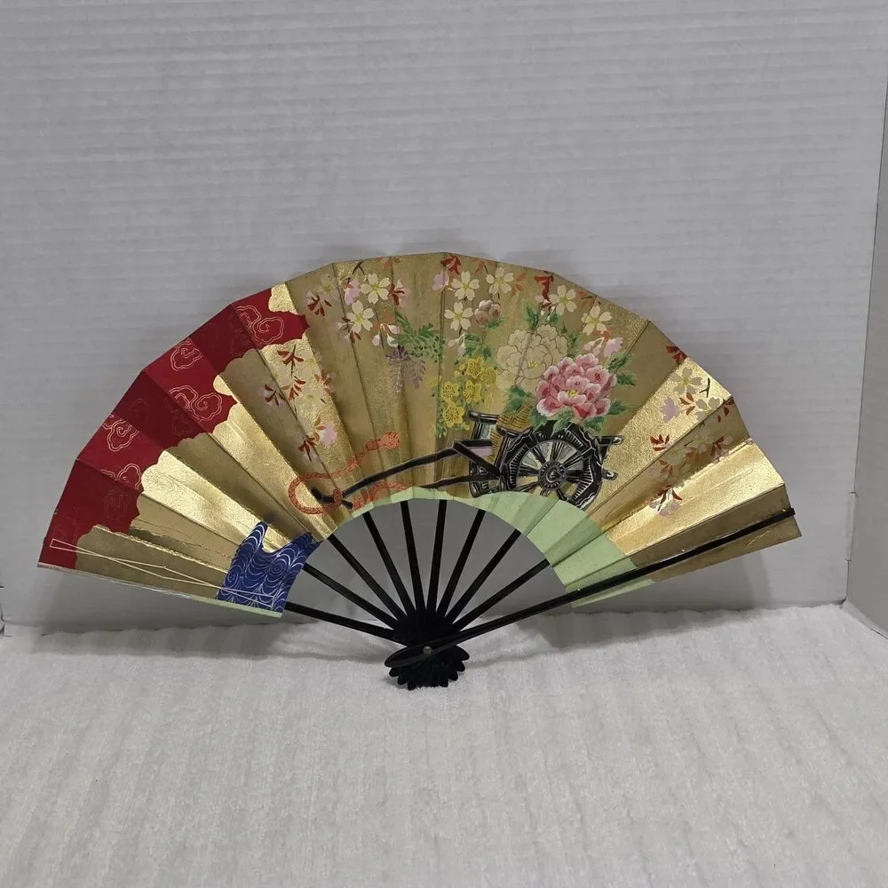 Vintage Oriental Folding Fan Floral Cart Design 19 1/2
